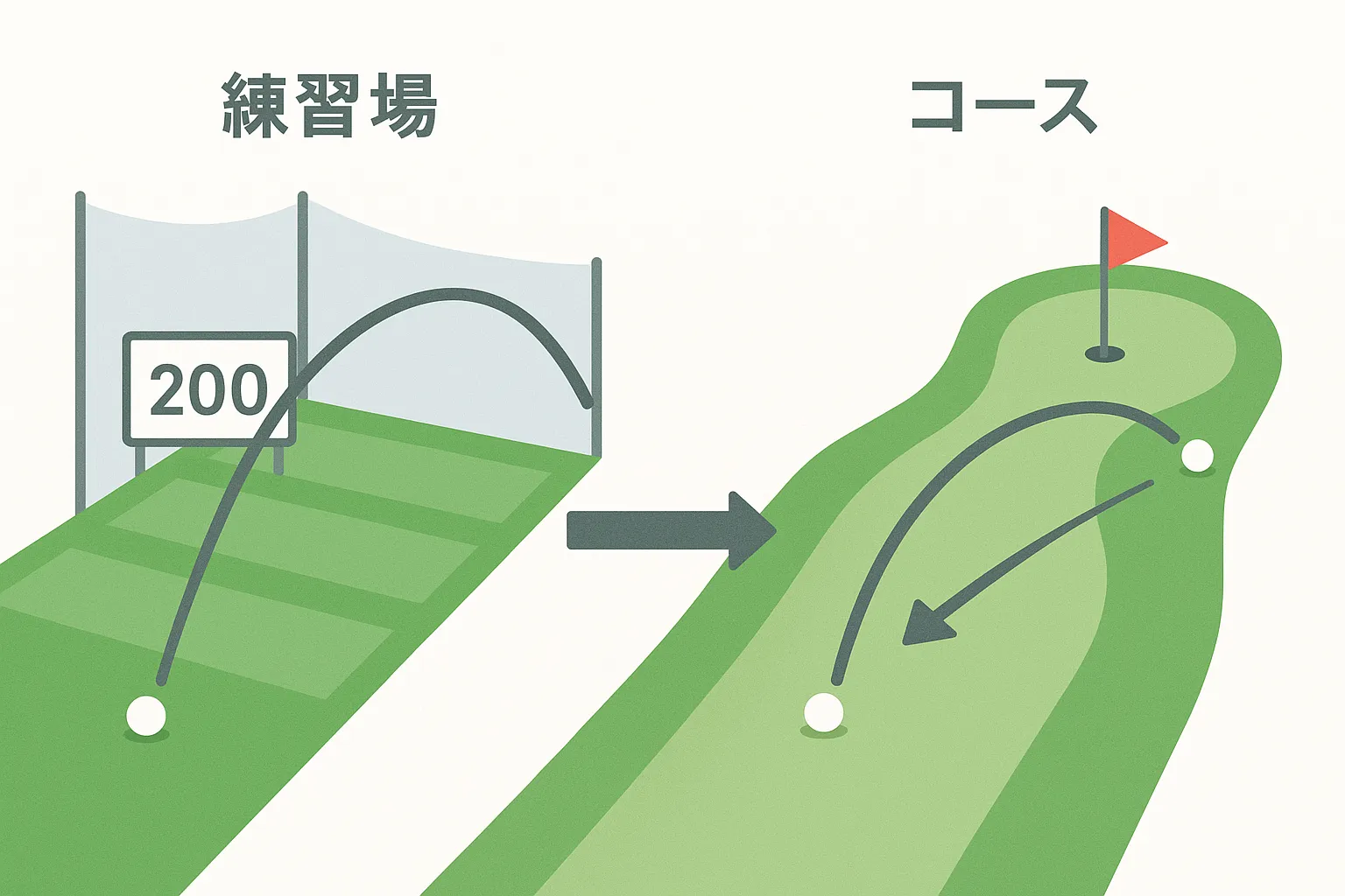 ChatGPT: ゴルフ練習場とコースでのボール飛距離の違いを比較するシンプルな図解イラスト。